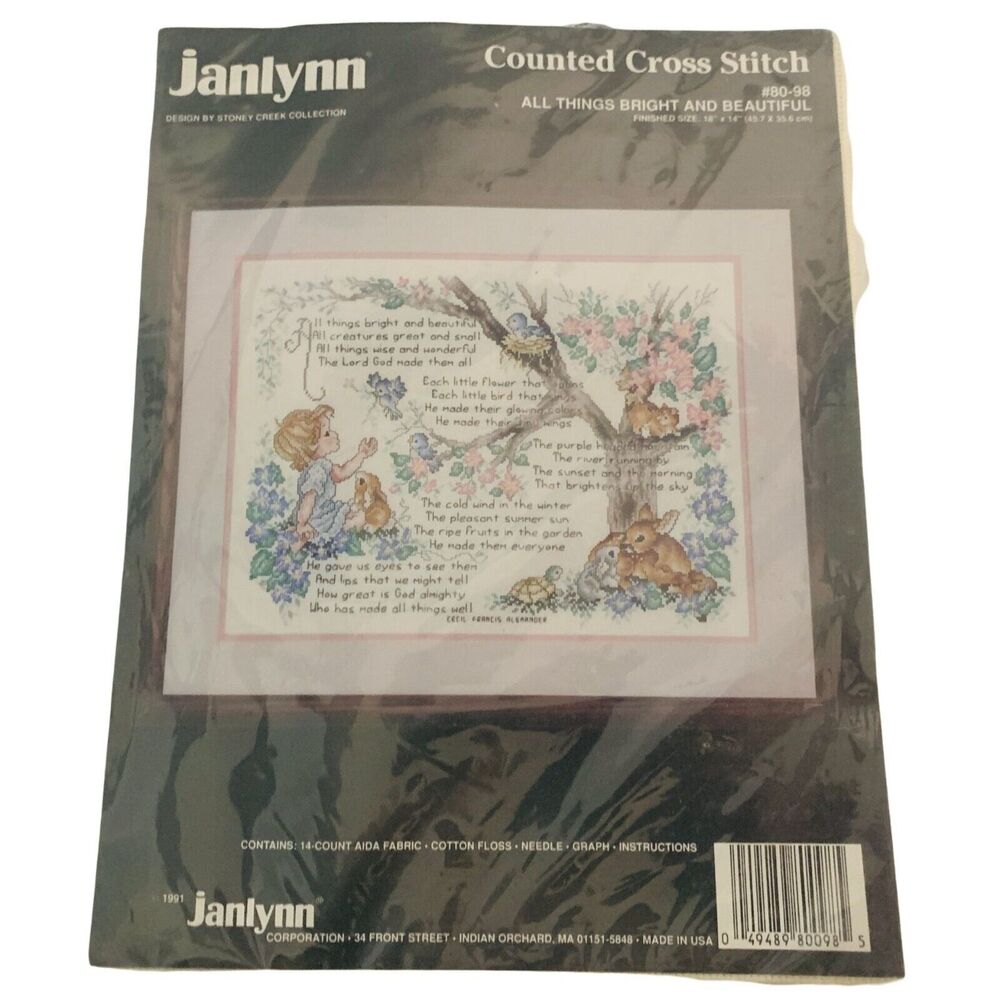 vintage NIP Janlynn Counted Cross Stitch Kit All Things Bright Beautiful #80-98